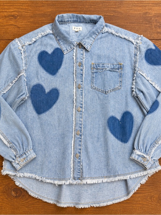 POL Tops - POL Light Blue Denim Shirt with Dark Blue Heart Motifs